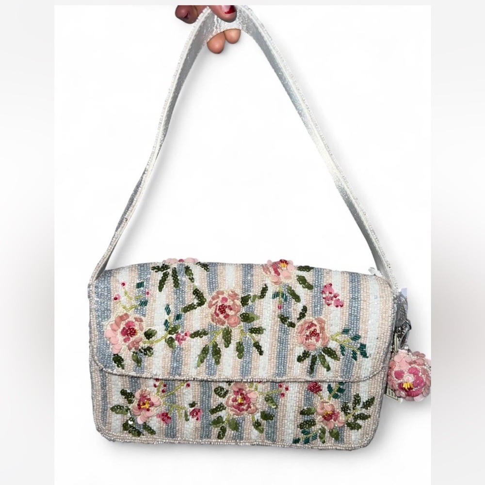 viral blue and pink stripped rose Floral beaded Shoulder Bag made in india